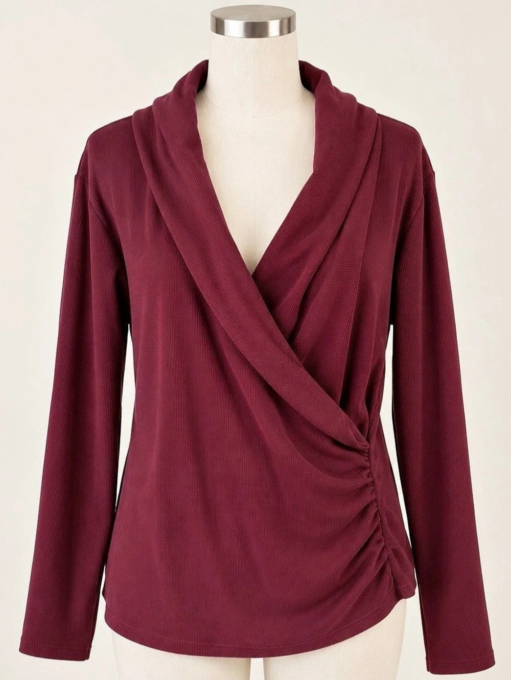 Ann Taylor XXL Burgundy Surplice Wrap Ruched Long Sleeve Top